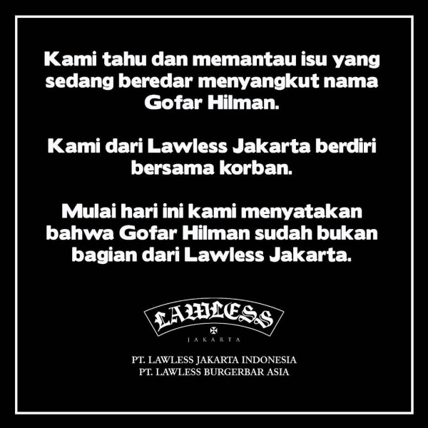 Gofar Hilman Didepak dari Lawless, Imbas Tuduhan Pelecehan Seksual