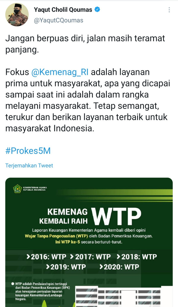 Raih WTP ke-5 dari BPK, Menag Yaqut: Jangan Berpuas Diri, Jalan Masih Panjang