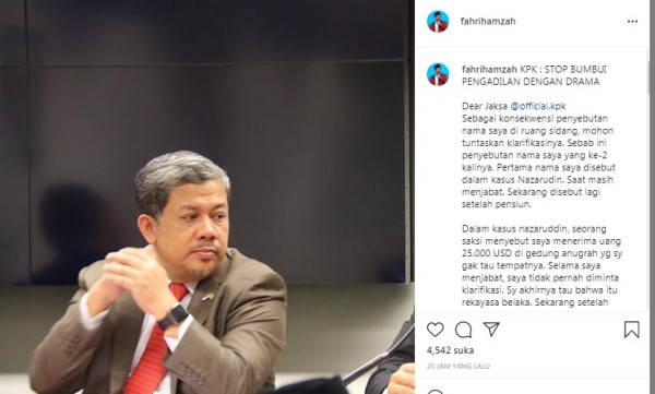 Fahri Hamzah kepada Jaksa KPK: Hentikan Sandiwara, Corona Lagi Marah!