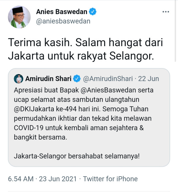 Menteri Besar Selangor Berikan Ucapkan HUT Ke-494 DKI Jakarta kepada Anies