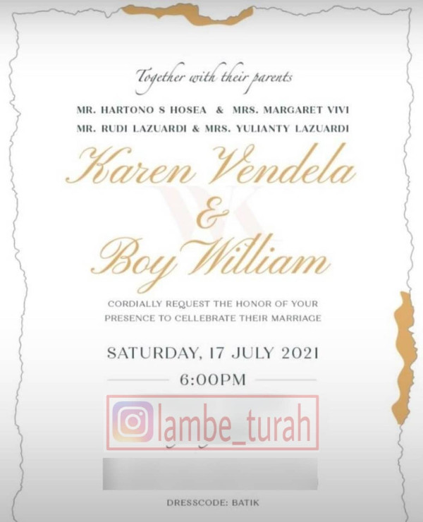 Undangan Bocor, Boy William dan Karen Vendela Nikah 17 Juli