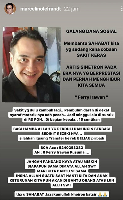 Marcelino Lefrandt Galang Dana untuk Ferry Irawan yang Sedang Sakit Keras