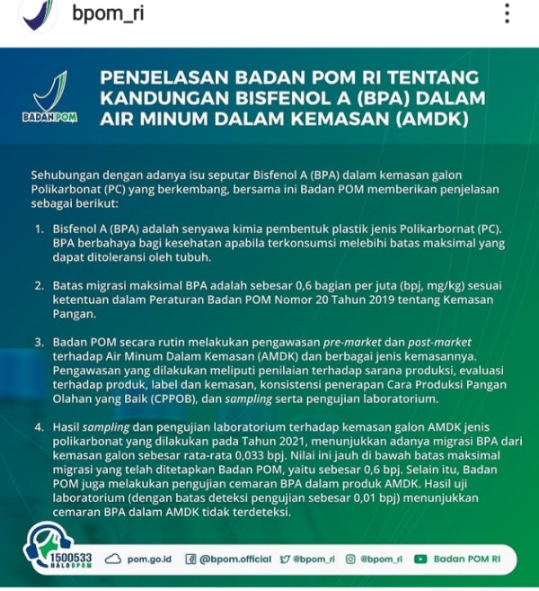 Uji Lab Terbaru 2021, BPOM Pastikan Galon Guna Ulang Tetap Aman