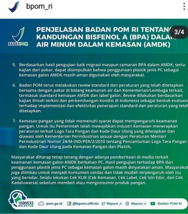 Uji Lab Terbaru 2021, BPOM Pastikan Galon Guna Ulang Tetap Aman
