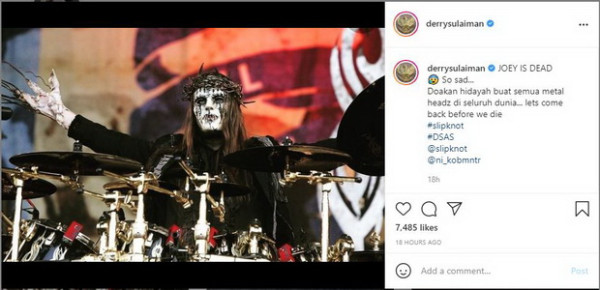Ustaz Derry Sulaiman Unggah Postingan Duka Cita Berpulangnya Joey Jordison, Begini Reaksi Warganet