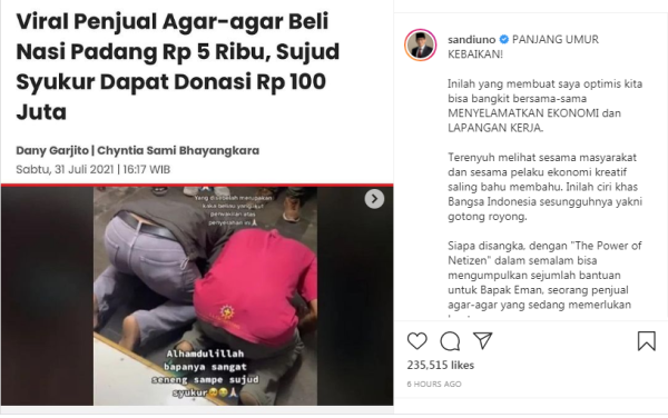 Sandiaga Uno Tersentuh Aksi Netizen Galang Donasi Rp100 Juta untuk Penjual Agar-Agar di Garut