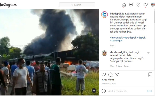 Kebakaran Hebat Hanguskan Gudang Stupa di Cinangka Depok Senin Pagi