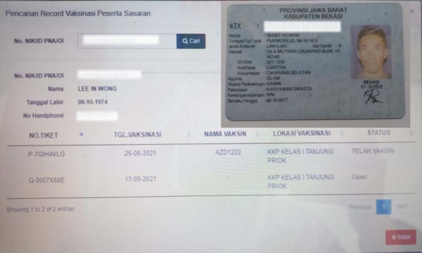 Heboh NIK KTP Dipakai Warga Asing Lee In Wong, Pria di Bekasi Ditolak Vaksin
