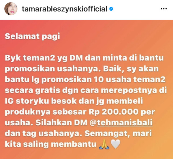 Tamara Bleszynski Bantu Endorse UMKM Gratis, Imbas PPKM Diperpanjang