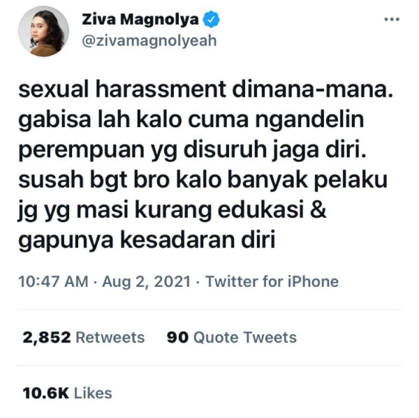 Tiara Andini Dibully, Ziva Magnolya soal Pelecehan Seksual Dipuji