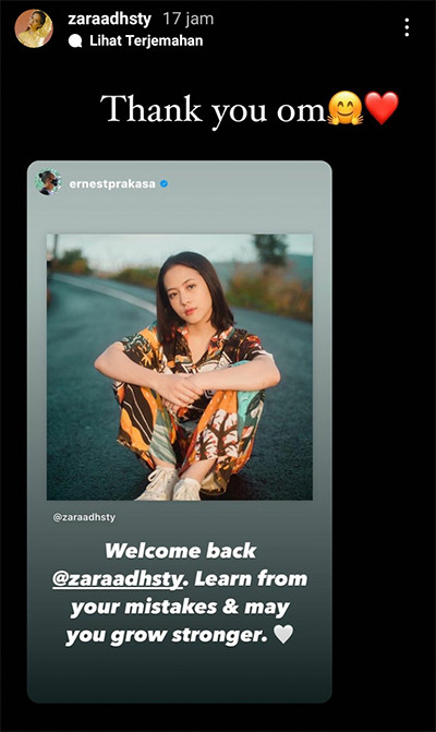 Adhisty Zara Kembali Aktif di Instagram, Ernest Prakasa: Belajarlah dari Kesalahanmu