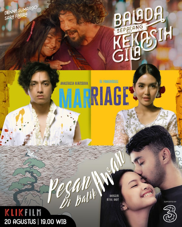 Film Cinta Unik 'Balada Sepasang Kekasih Gila', 'Pesan di Balik Awan', dan 'Marriage' Tayang Agustus di KlikFilm