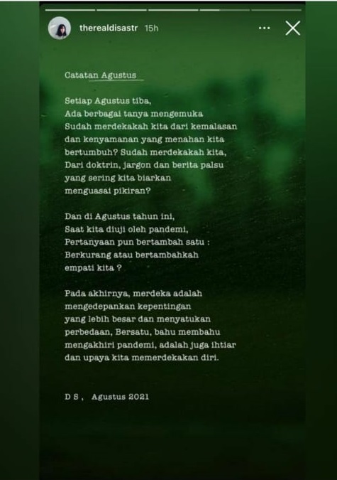 Dian Sastro Bikin Puisi 'Catatan Agustus', Makna Kemerdekaan di Tengah Pandemi