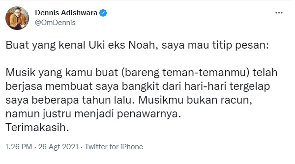 Uki Eks NOAH Sebut Musik Racun, Dennis Adhiswara: Bukan Racun Justru Penawarnya