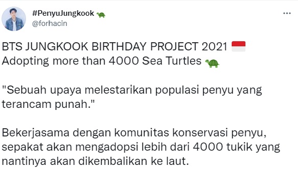 Rayakan Ulang Tahun Jungkook BTS ke-24, ARMY Indonesia Adopsi 4000 Penyu