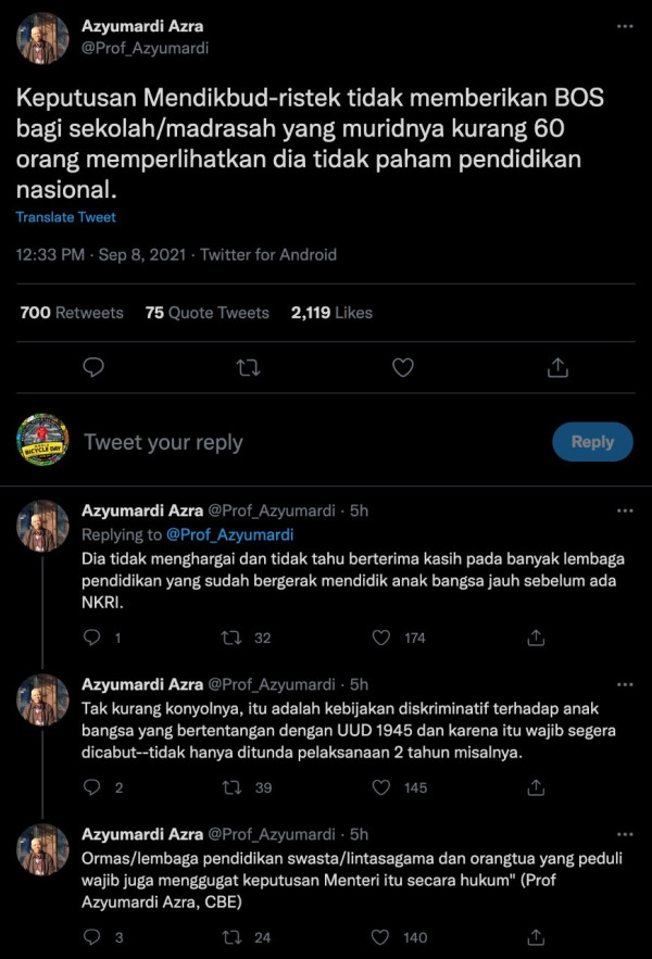Polemik Dana BOS, Azyumardi Azra: Mendikbudristek Konyol dan Tak Paham Pendidikan Nasional