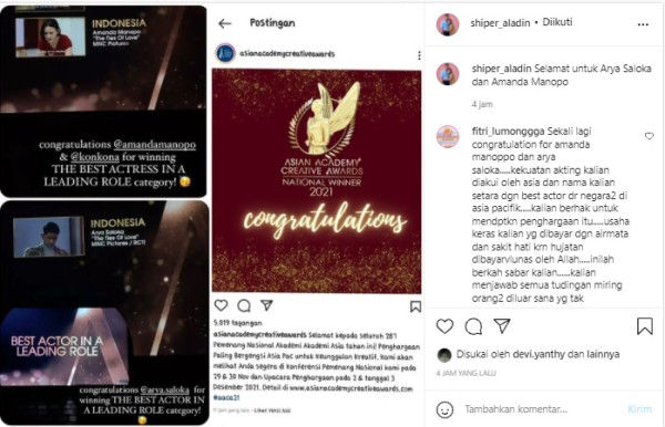 Amanda Manopo dan Arya Saloka Sabet Penghargaan di Asian Academy Creative Awards 2021