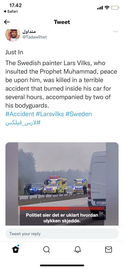 Lars Vilks, Penghina Nabi Muhammad Terbakar Hidup-hidup dalam Mobil Bersama Dua Pengawalnya