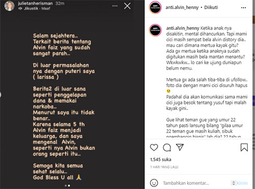 Alvin Faiz Unfollow Ibu Larissa Chou setelah Sempat Dibela sang Mantan Mertua