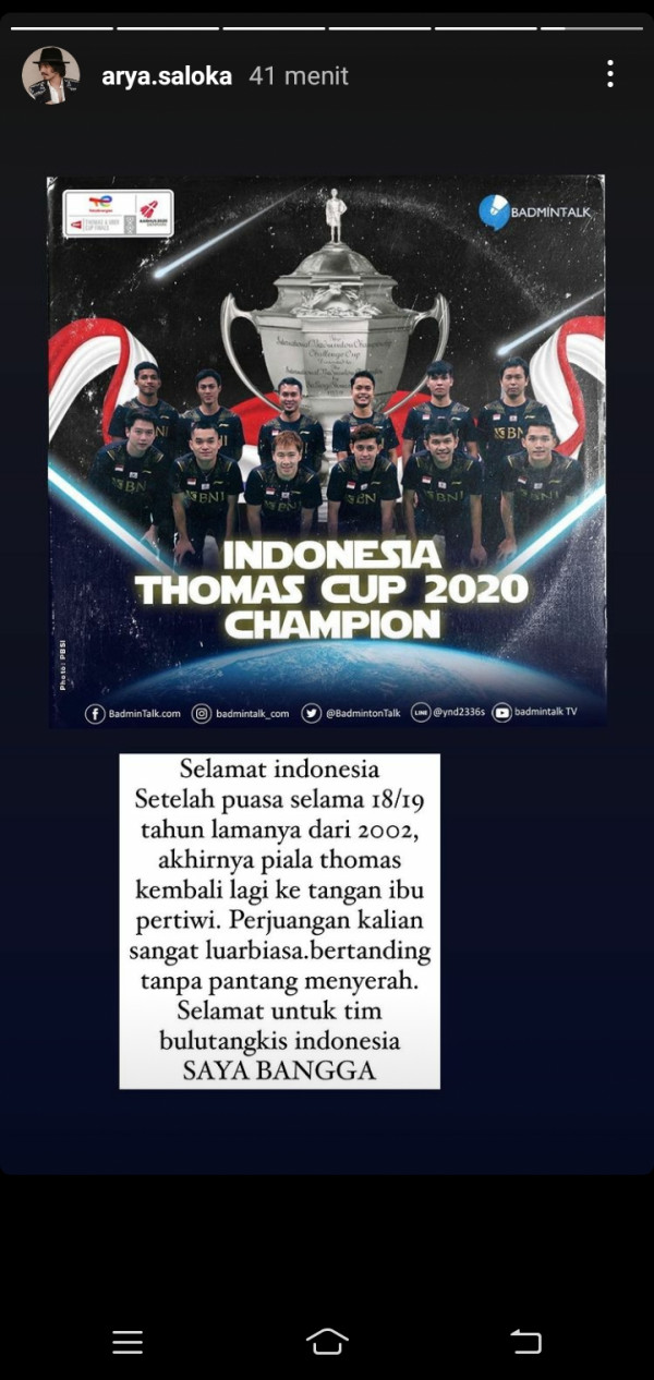 Indonesia Juara Piala Thomas 2020, Arya Saloka: Saya Bangga!